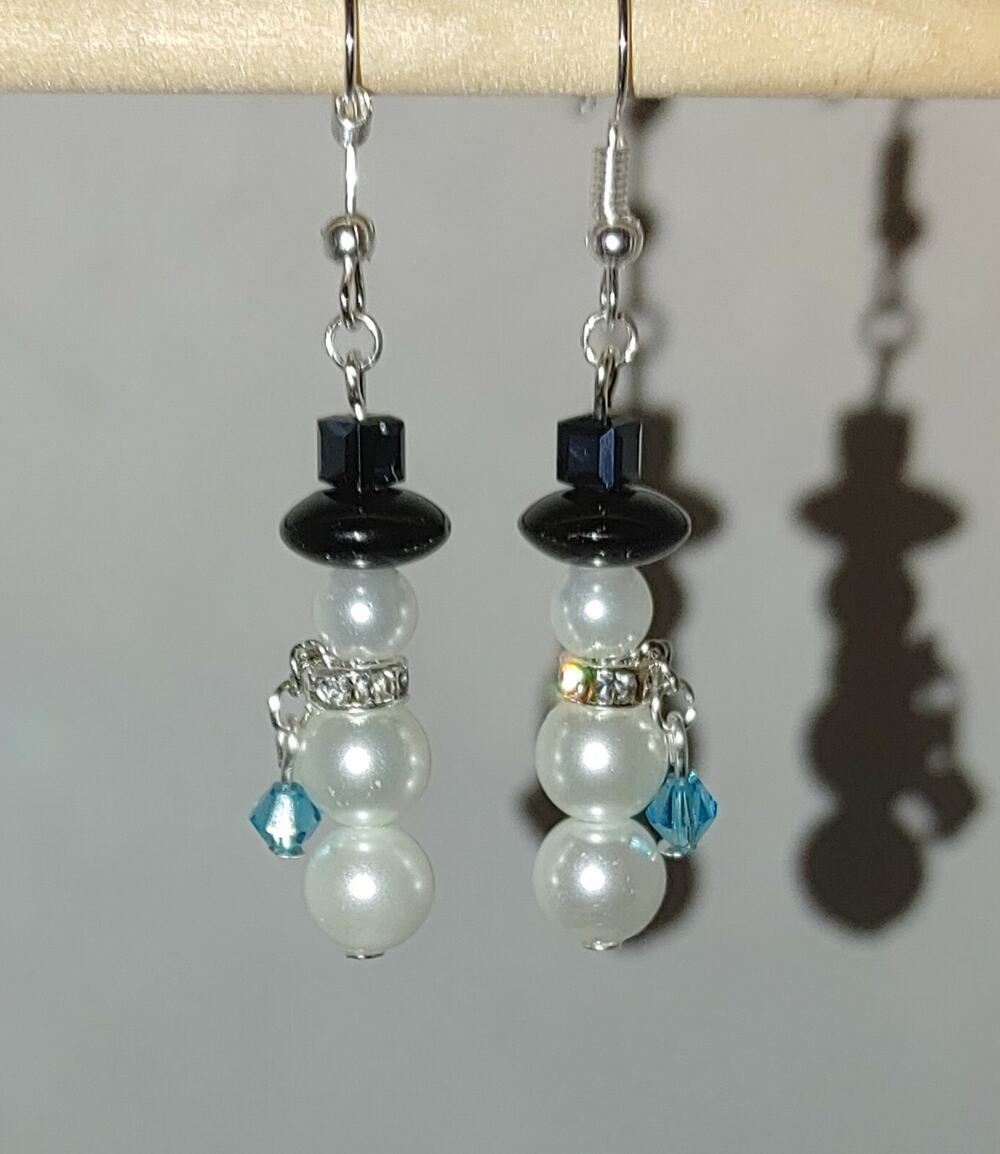Handmade Snowman Earrings White Pearl Black Hat Blue Crystal Dangle #C86